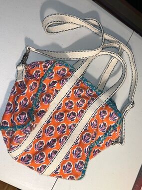 Anthropologie Orange Printed Canvas Shoulder Bag with Cream Straps